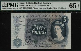 Tt Pk 375b Nd (1966 - 70) Great Britain 5 Pounds " Queen Elizabeth Ii " Pmg 65 Epq
