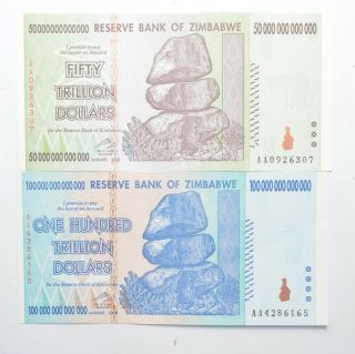 2008 - 100 & 50 Trillion Dollar - Zimbabwe - Unc Notes - Set 2 Authentic 925