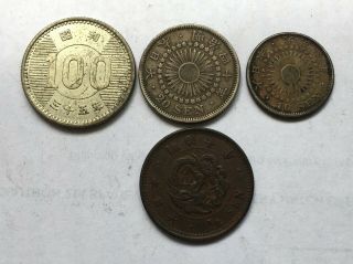 Japan 4 Coins - Silver 20 Sen,  Silver 10 Sen,  Silver 100 Yen,  Copper 1/2 Sen