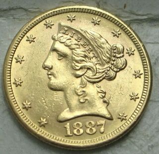 1887 - S $5 Liberty Gold Coin.  Ch/gem Bu