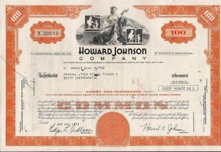 Stock Certificate Howard Johnson Company Broker Merrill Lynch 1973