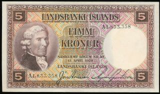 1928 (1934 - 1947) Central Bank Of Iceland 5 Kronur Pick 27b Sig.  1 Crisp Unc.
