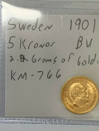 1901 King Oscar Ii Of Sweden (and Norway),  5 Krone Gold,  Unc