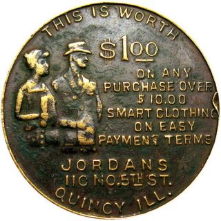 Pre 1933 Quincy Illinois Good For Token Jordans Clothing $1 Good Luck Swastika