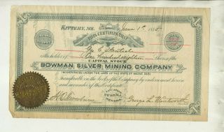 1885 Bowman Silver Mining Company Kittery Maine Eureka Nevada Stock Certificate