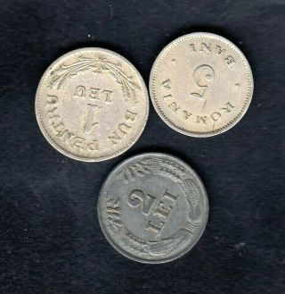 3 Romania Coins,  1 Lei 1924,  5 Bani 1900,  2 Lei 1941 Year