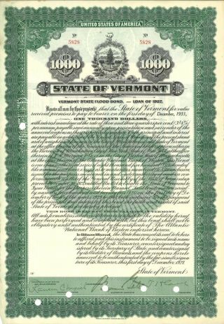 State Of Vermont Flood Bond 1933 Vermont Old Stock Certificate Share