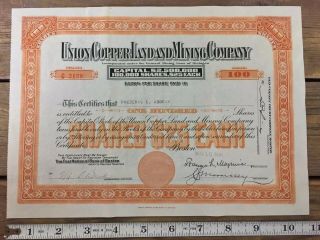 Union Copper Land And Mining Company Michigan Stock Certificate 1938 Orange