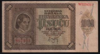 1000 Kuna 1941 Croatia Wwii Ndh Rare Paper Money Banknote German Occupation
