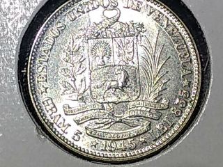 1945 Venezuela Bolivar Y 22a Uncirculated Silver Coin
