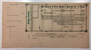 Houston & Great Northern Railroad Co.  Of Texas,  1870s Unissued Stock Certificate
