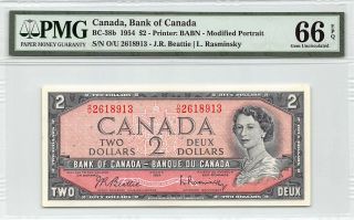 Canada 1954 Bc - 38b Pmg Gem Unc 66 Epq 2 Dollars (beattie - Rasminsky)