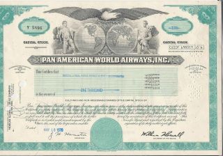 Stock Certificate Pan American World Airways,  Inc.  Broker Merrill Lynch 1978