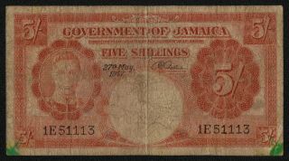Jamaica (p37b) 5 Shillings 1957 Vg,