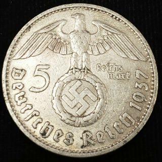 1937 D Germany 5 Reichsmark 13.  8gm.  900 Silver Paul Von Hindenburg Coin 2G5R3726 2