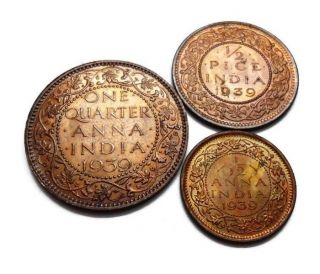 British India - George Vi - 1939 - 1/4,  1/2,  1/12 Anna Set - Unc Grade 3 Coins