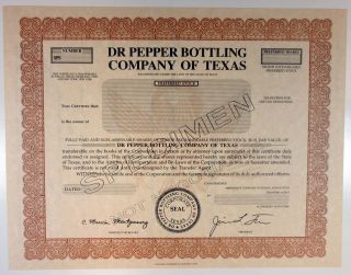 Dr Pepper Bottling Co.  Of Texas,  Odd Shrs Specimen Stock Certificate,  Xf Ccpc