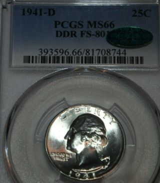 1941 D Washington Quarter Ddr Fs - 801 Pcgs Ms66 Cac Pop 6 With Only 1 Higher
