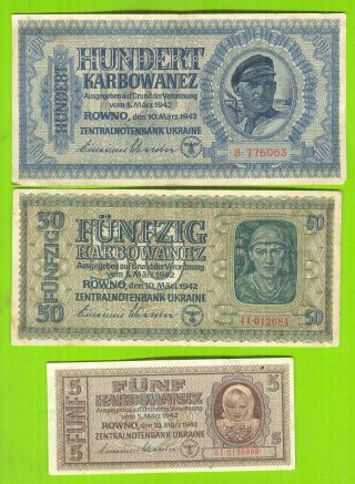 8980 Rowno Ukraine 1942 Wwii 5 50 100 Karbowanez Germany Russia Regional Lotx3ex
