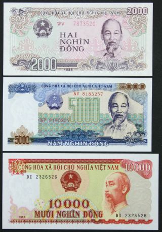 Vietnam - Set Of 3 Notes - 2000 - 5000 Dong 1987 - 1993 - P 107b 104 115 (unc)
