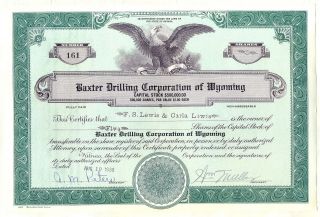 Baxter Drilling Corporation Of Wyoming Stock Certificate Nevada Oil Gas