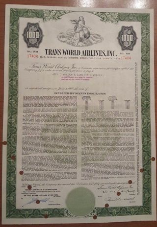 Trans World Airlines Bond Stock Certificate T.  W.  A