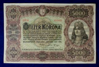 1920 Hungary 5000 Korona Banknote Currency