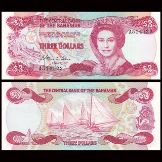 Bahamas 3 Dollars,  1974 (1984),  P - 44,  Unc