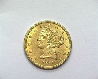 1861 Liberty Head $5 Gold Half Eagle Near Choice Uncirculated Details