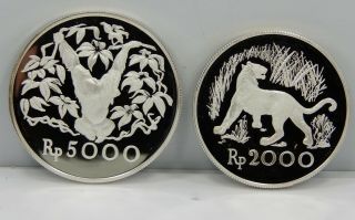 Indonesia,  1974.  925 Silver 2000 Rupiah Tiger & 5000 Rupiah Orangutan Pr