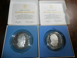 Panama 1973 And 1974 20 Balboas Proof Coin Each Coin Contains 3.  8 Ozs Of Silver