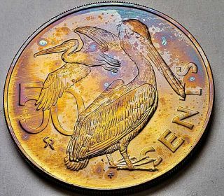1974 British Virgin Islands 50 Cents Bu Unc Rainbow Color Toned Coin