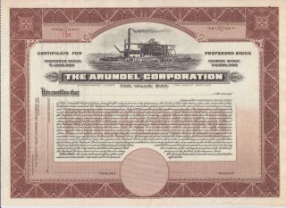 Arundel Corp Stock Certificate W/ Vig Of Dredging Boat