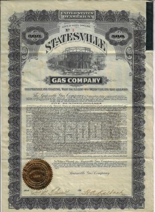 North Carolina 1912 Statesville Gas Company Bond Stock Certificate 8
