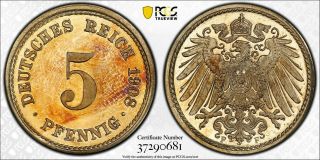 Az24 Germany Empire 1908 - F 5 Pfennig Proof Pcgs Pr - 66 Cam Finest Known Pop 1
