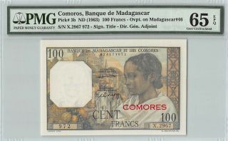 Comoros Nd (1963) P - 3b Pmg Gem Unc 65 Epq 100 Francs