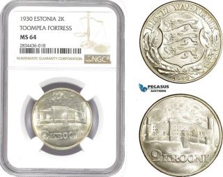 Ad822,  Estonia,  2 Krooni 1930,  Silver,  Ngc Ms64