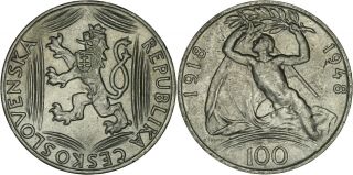 Czechoslovakia: 100 Korun Silver 1948 (30th Anniversary Of Independence) Xf - Unc