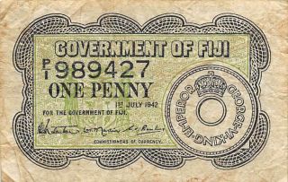 Fiji 1 Penny 1.  7.  1942 Series P/1 Wwii Issue Circulated Banknote Wksat
