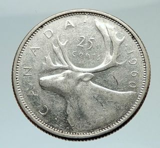 1960 Canada United Kingdom Queen Elizabeth Ii Caribou Silver 25 Cent Coin I75462
