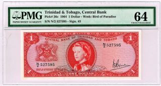 Central Bank Of Trinidad And Tobago $1 1964 Pick 26c.  Pmg Choice Uncirculated 64