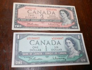 Canada 2 Dollar 1954 Bank Note,  1954 Nicer 1 Dollar Bank Note