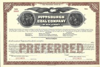 Pittsburgh Coal Company Of Jersey.  Abn " Specimen " Stock Certificate