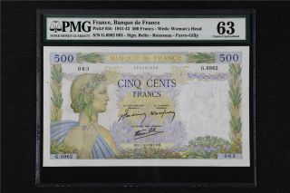 1941 - 43 France Banque De France 500 Francs Pick 95b Pmg 63 Choice Unc