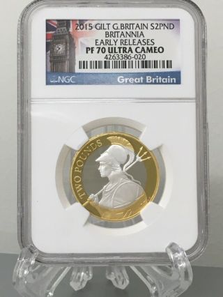 2015 Great Britain Silver 2 Pound Proof Britannia £2 Gilt Gilded Ngc Pf70 Uc