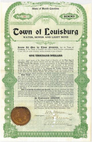 Town Of Louisburg North Carolina 1904 Water Sewer & Light Bond Certificate Share