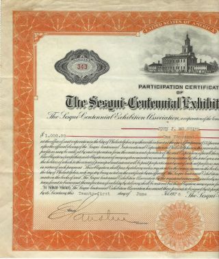 1926 Sesqui - Centennial International Exposition stock certificate 3
