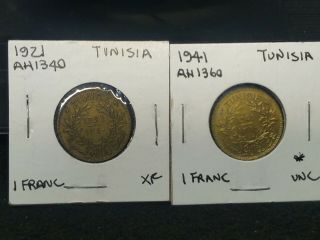 1921 & 1941 Tunisia 1 Franc Coin,  2 X Coin (s)