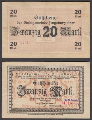 Germany 20 Mark 1918 (vf) Banknote Augsburg