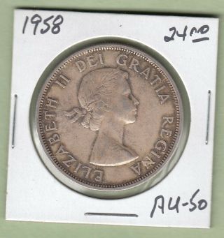 1958 Canadian One Silver Dollar Coin - Au - 50